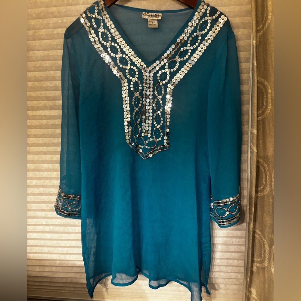 JMB Signature blue sheer cover-up top w/ silver sequins- size large - Picture 2 of 6